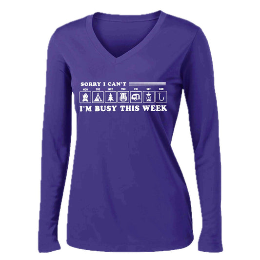 Sorry I Can't I'm Busy Camping This Week | Women’s Long Sleeve V-Neck Camping T-Shirt | 100% Polyester