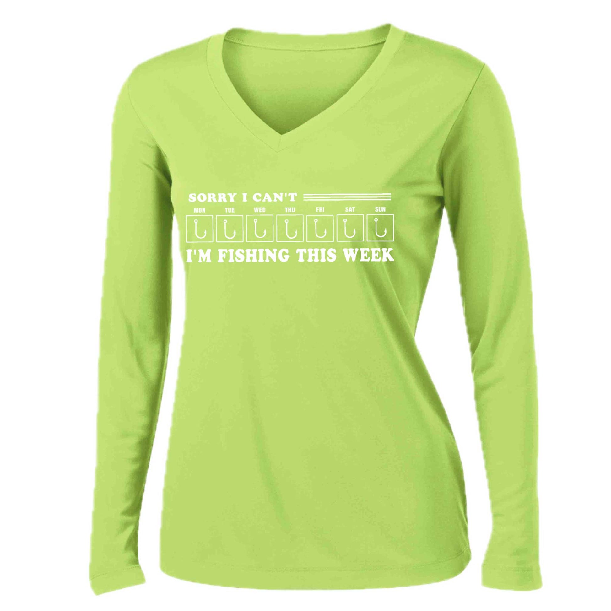 Sorry I Can't I'm Busy This Week Fishing | Women’s Long Sleeve V-Neck Camping T-Shirt | 100% Polyester