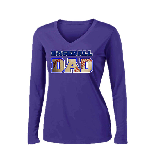 Baseball Dad | Women’s Long Sleeve V-Neck Baseball Performance T-Shirt | 100% Polyester