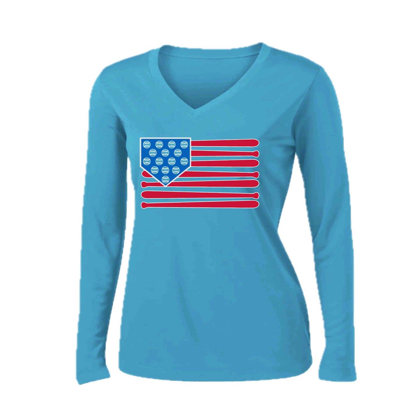 Baseball Flag | Women’s Long Sleeve V-Neck Baseball Performance T-Shirt | 100% Polyester