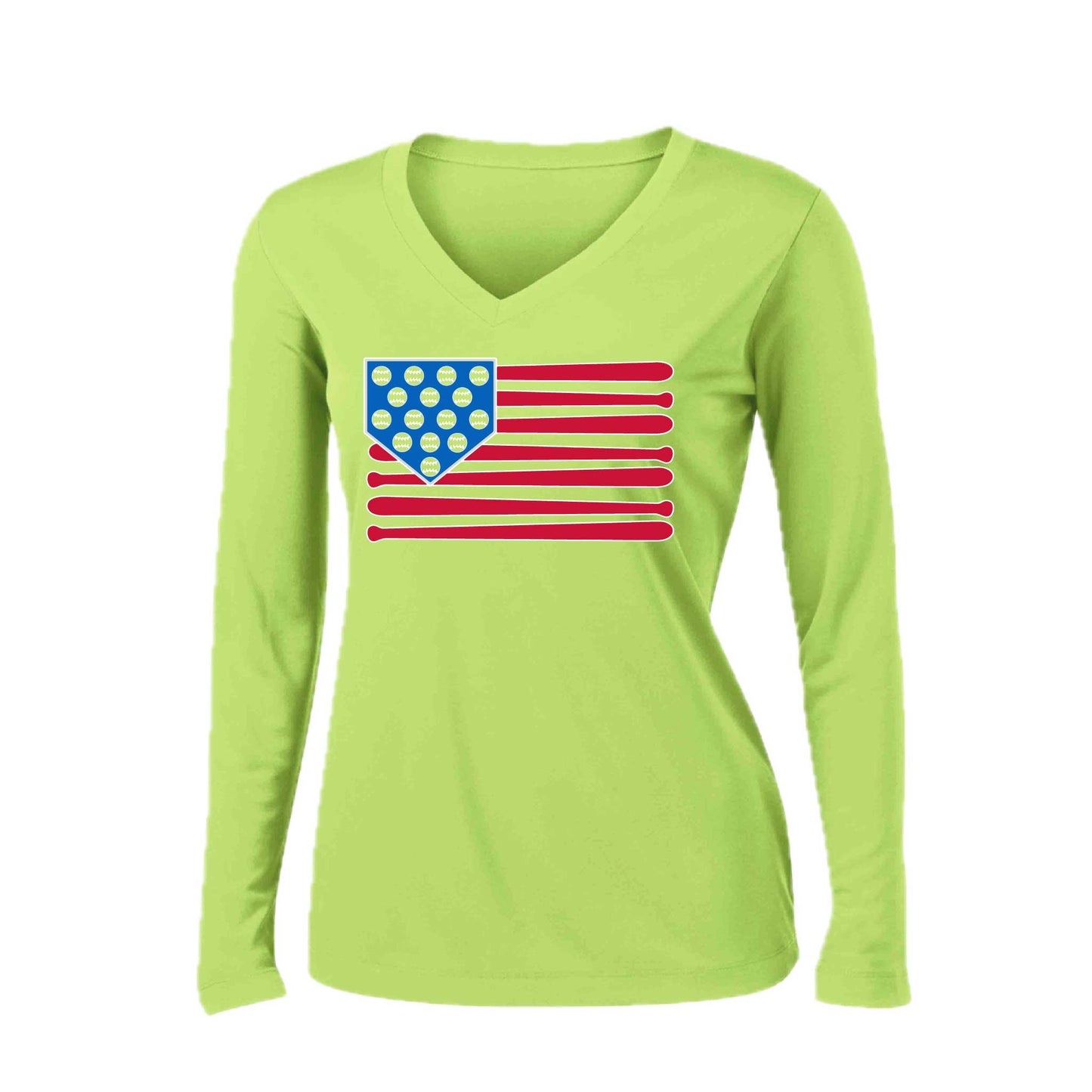 Baseball Flag | Women’s Long Sleeve V-Neck Baseball Performance T-Shirt | 100% Polyester