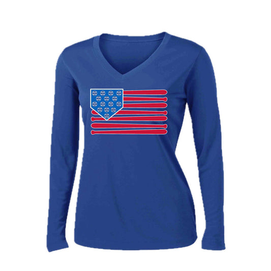 Baseball Flag | Women’s Long Sleeve V-Neck Baseball Performance T-Shirt | 100% Polyester