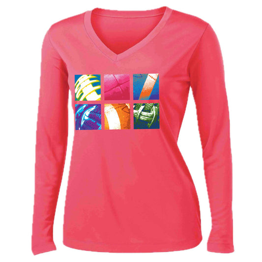 Football Squares | Women’s Long Sleeve V-Neck Football T-Shirt | 100% Polyester
