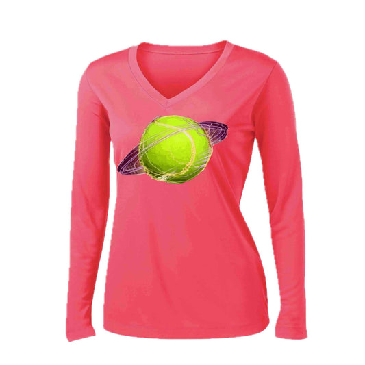 Galactic Tennis | Women’s Long Sleeve V-Neck Tennis Performance T-Shirt | 100% Polyester