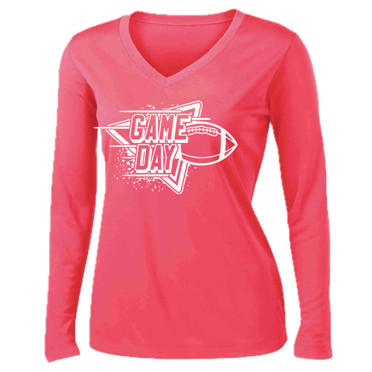Football Game Day | Women’s Long Sleeve V-Neck Football T-Shirt | 100% Polyester