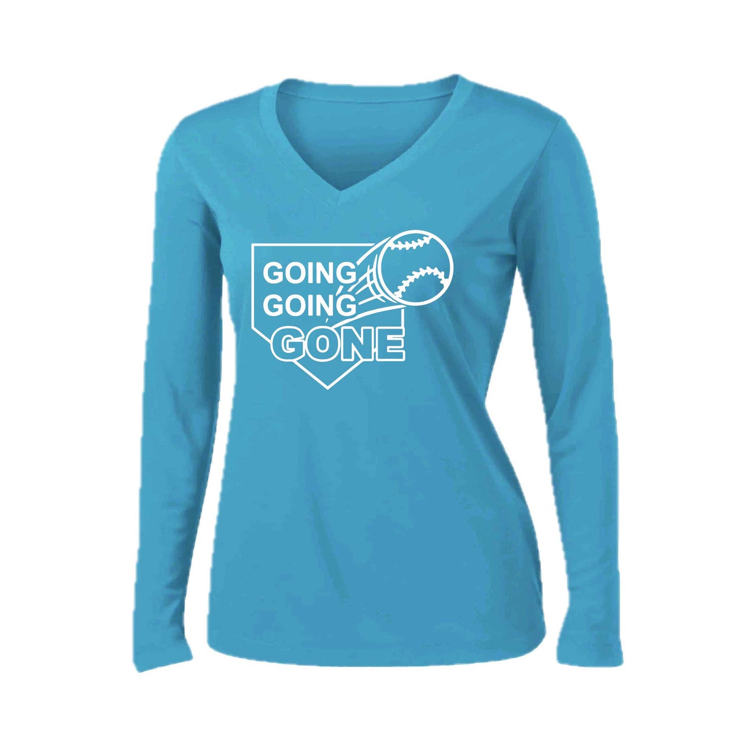 Going Going Gone | Women’s Long Sleeve V-Neck Baseball Performance T-Shirt | 100% Polyester