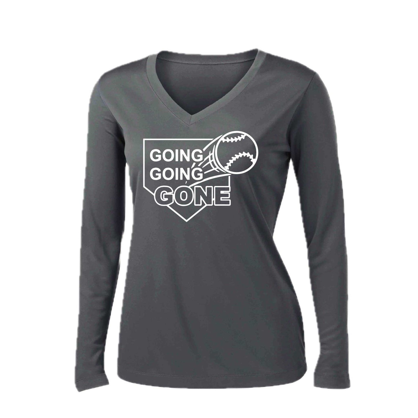 Going Going Gone | Women’s Long Sleeve V-Neck Baseball Performance T-Shirt | 100% Polyester