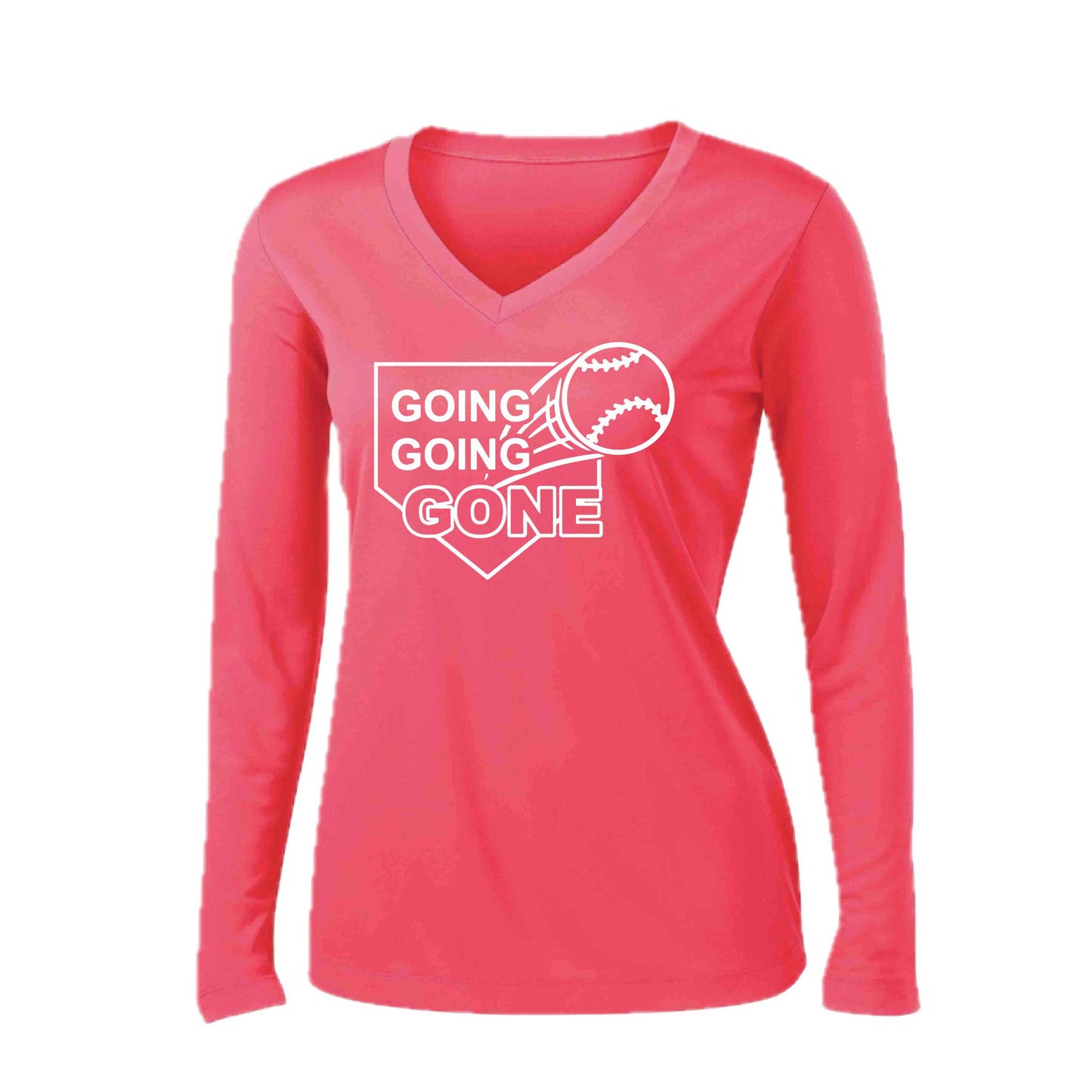 Going Going Gone | Women’s Long Sleeve V-Neck Baseball Performance T-Shirt | 100% Polyester