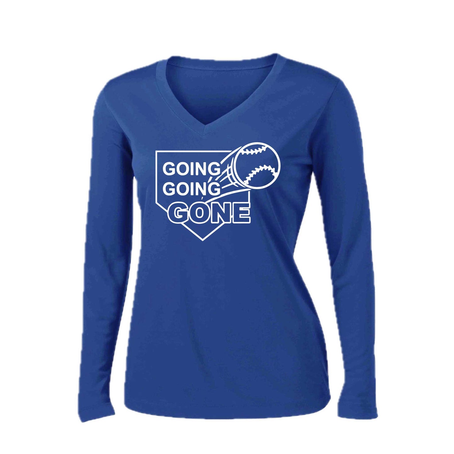Going Going Gone | Women’s Long Sleeve V-Neck Baseball Performance T-Shirt | 100% Polyester