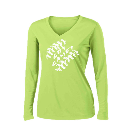 Got Game | Women’s Long Sleeve V-Neck Baseball Performance T-Shirt | 100% Polyester
