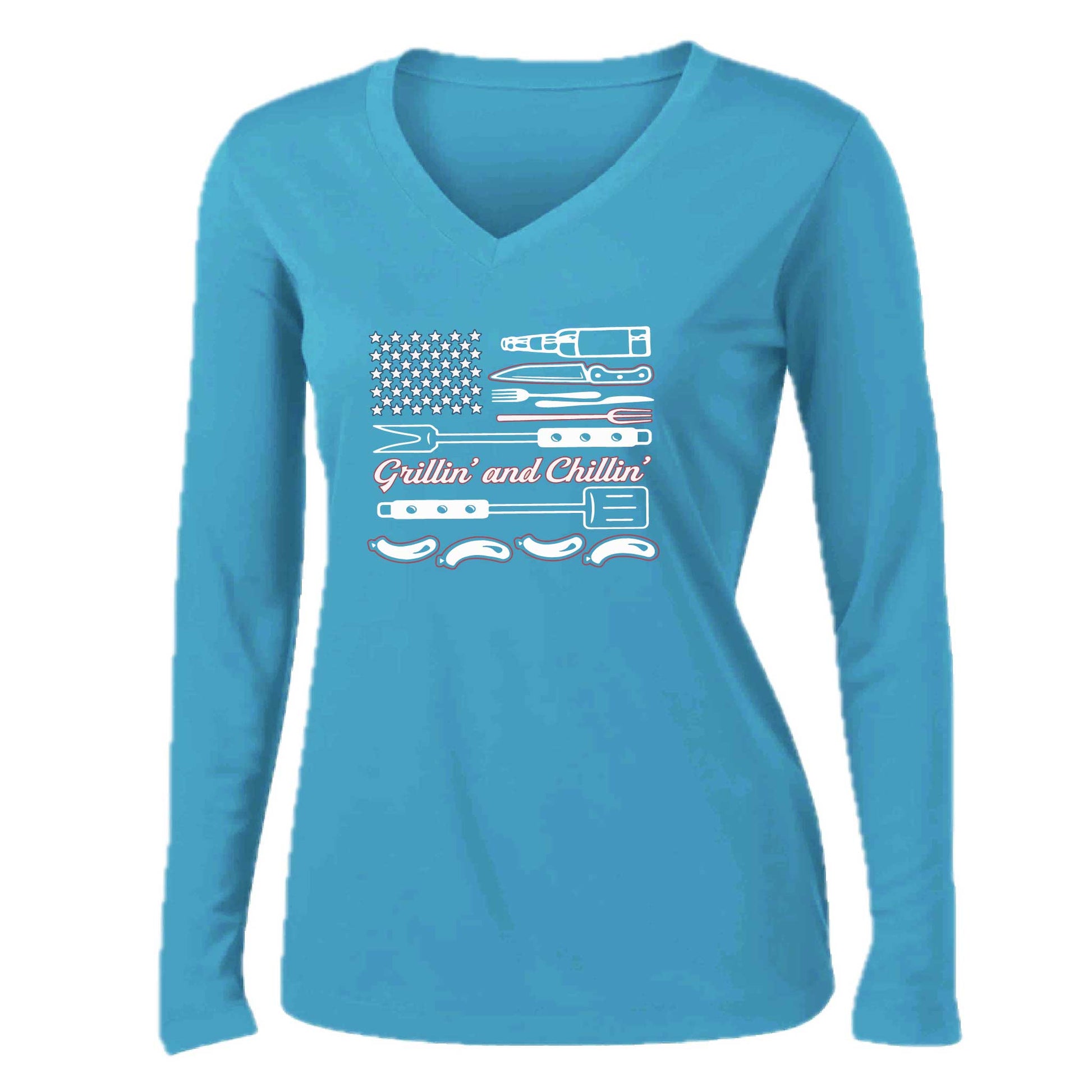 Grillin' and Chillin' | Women’s Long Sleeve V-Neck Camping T-Shirt | 100% Polyester