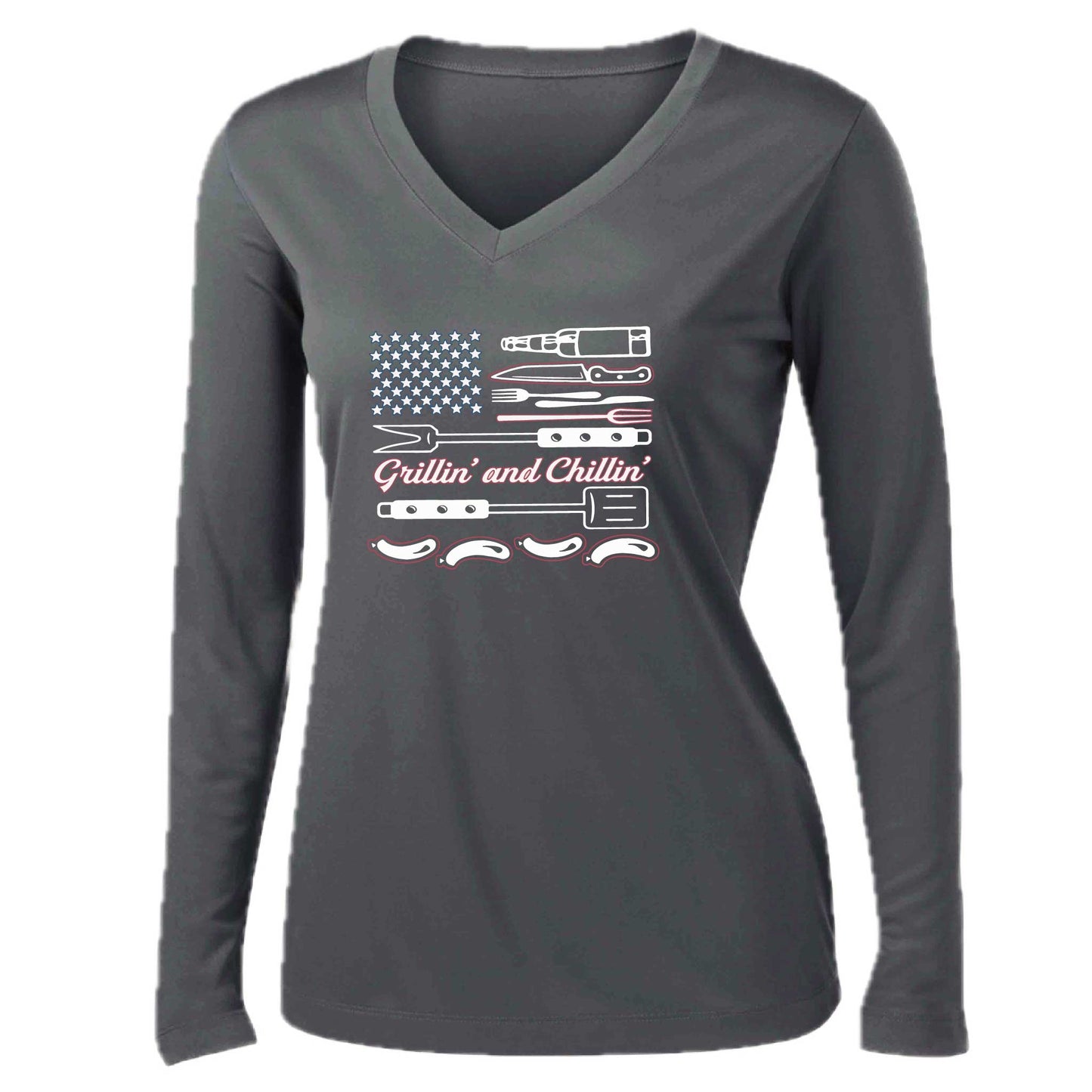 Grillin' and Chillin' | Women’s Long Sleeve V-Neck Camping T-Shirt | 100% Polyester
