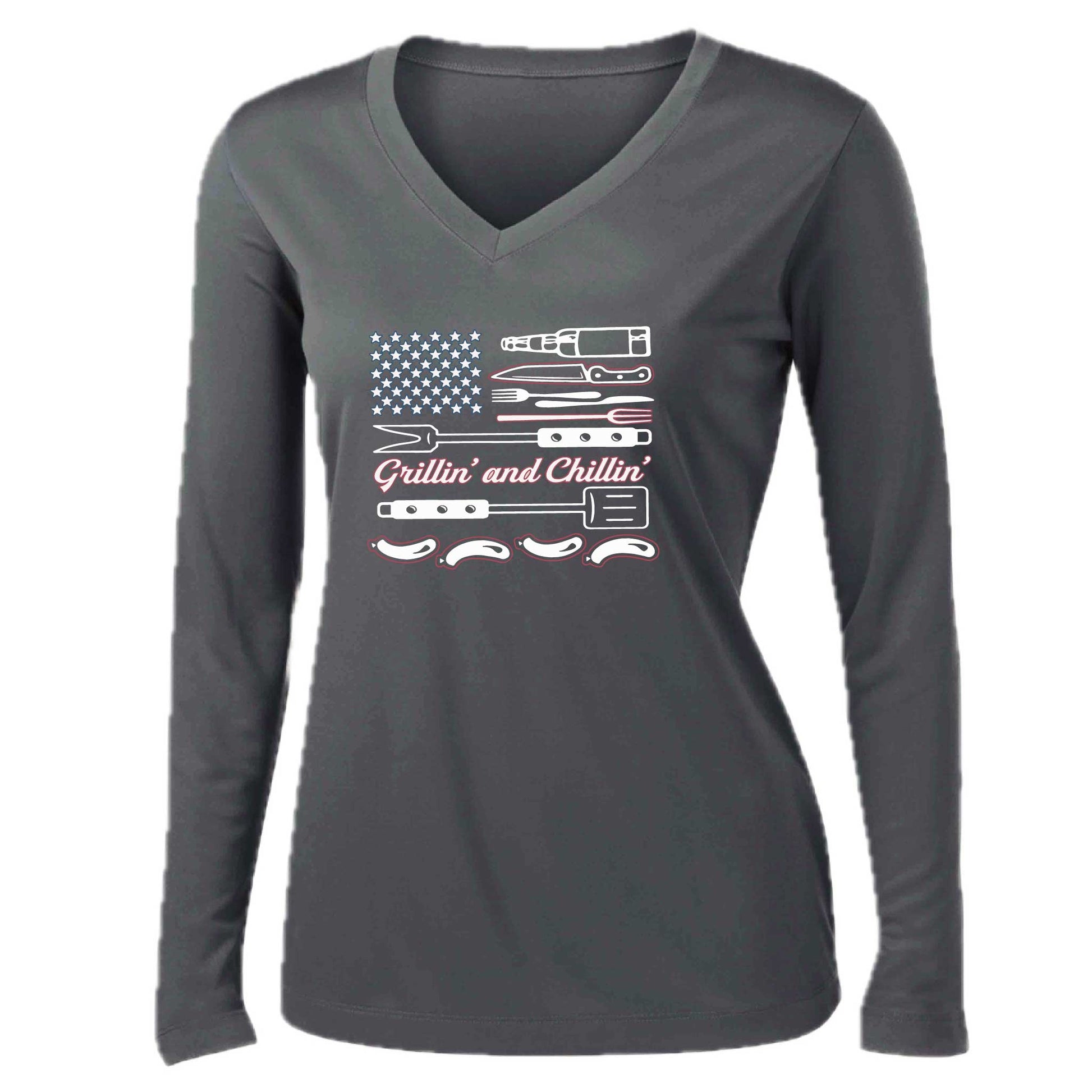 Grillin' and Chillin' | Women’s Long Sleeve V-Neck Camping T-Shirt | 100% Polyester