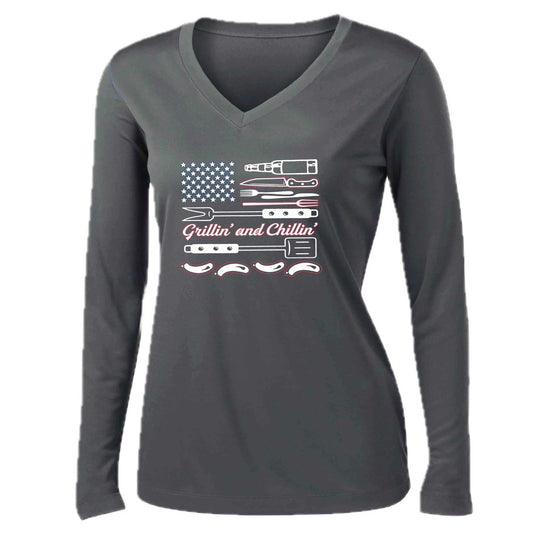 Grillin' and Chillin' | Women’s Long Sleeve V-Neck Camping T-Shirt | 100% Polyester