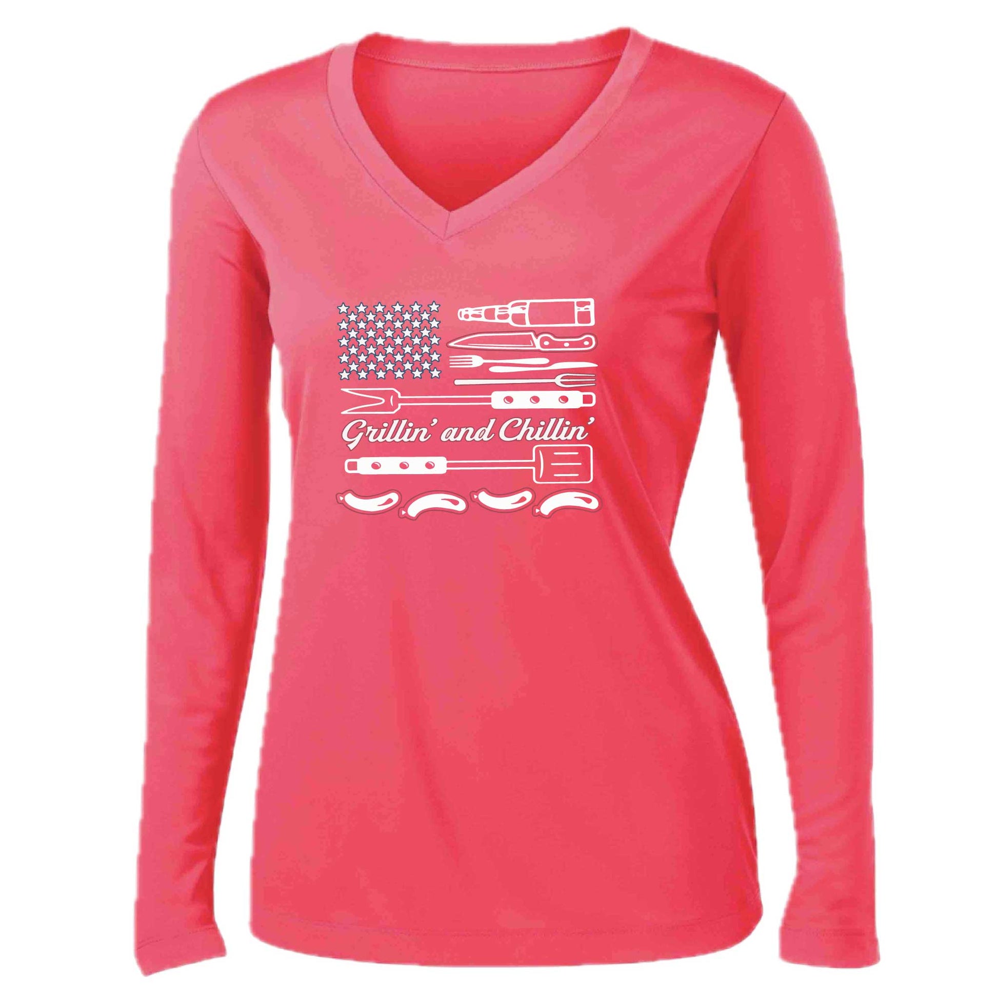 Grillin' and Chillin' | Women’s Long Sleeve V-Neck Camping T-Shirt | 100% Polyester