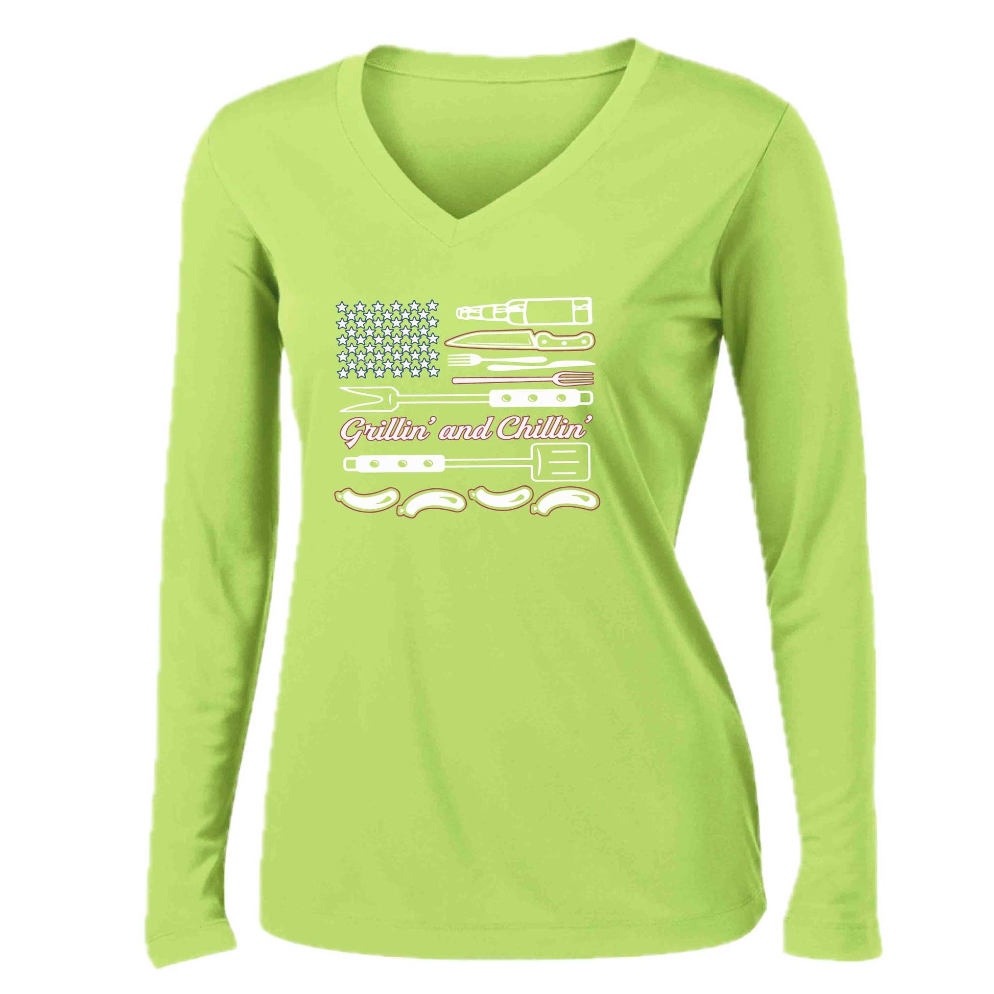 Grillin' and Chillin' | Women’s Long Sleeve V-Neck Camping T-Shirt | 100% Polyester