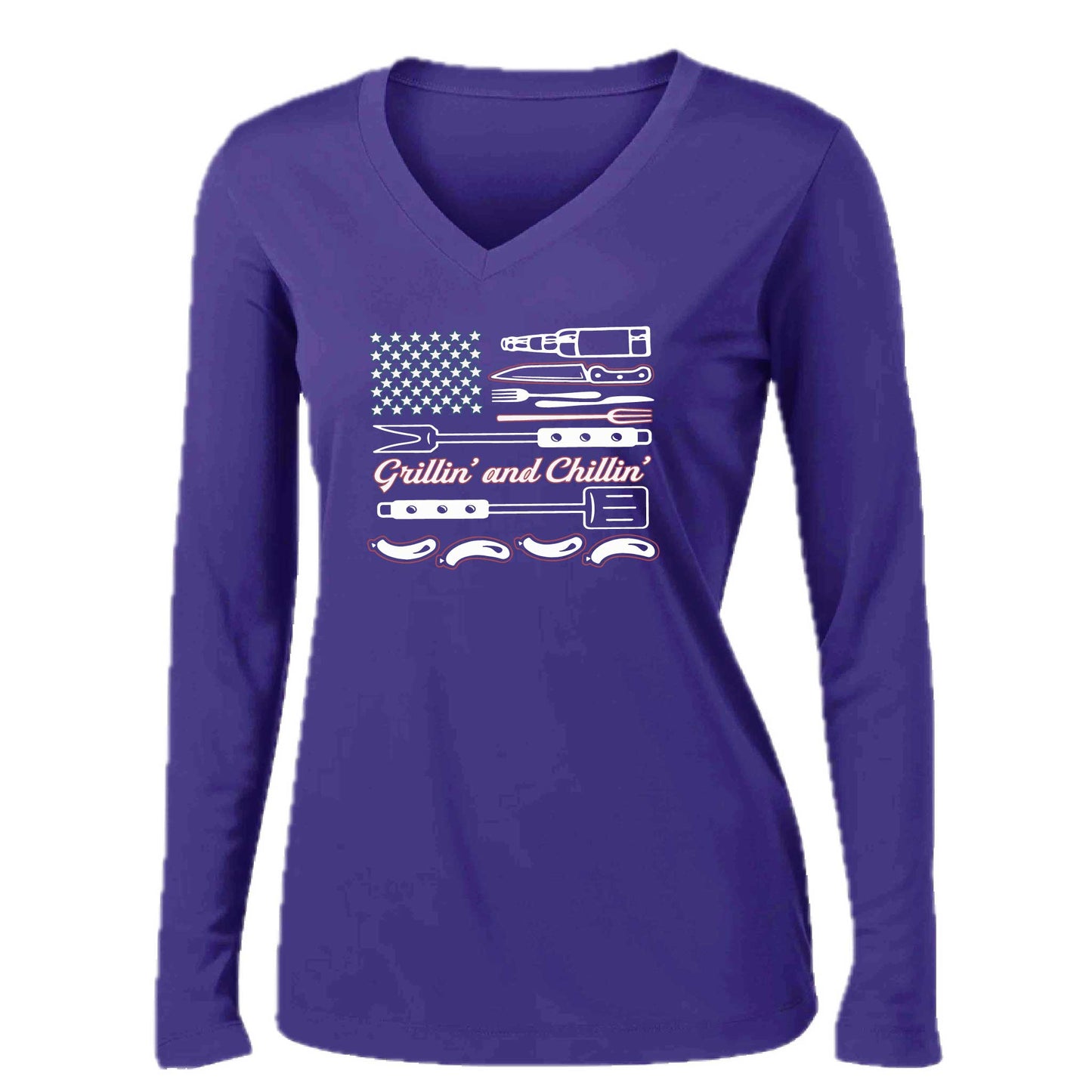 Grillin' and Chillin' | Women’s Long Sleeve V-Neck Camping T-Shirt | 100% Polyester