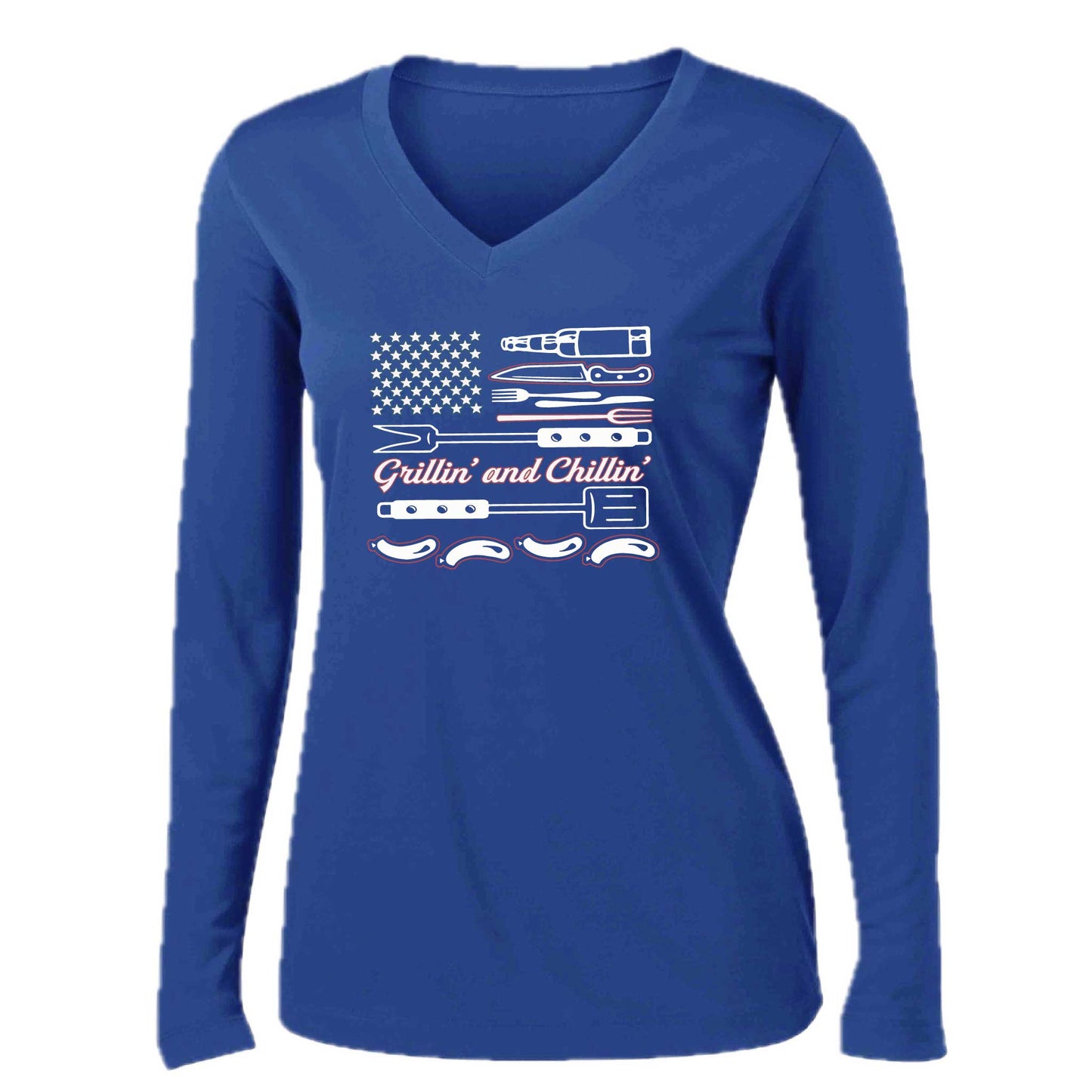 Grillin' and Chillin' | Women’s Long Sleeve V-Neck Camping T-Shirt | 100% Polyester