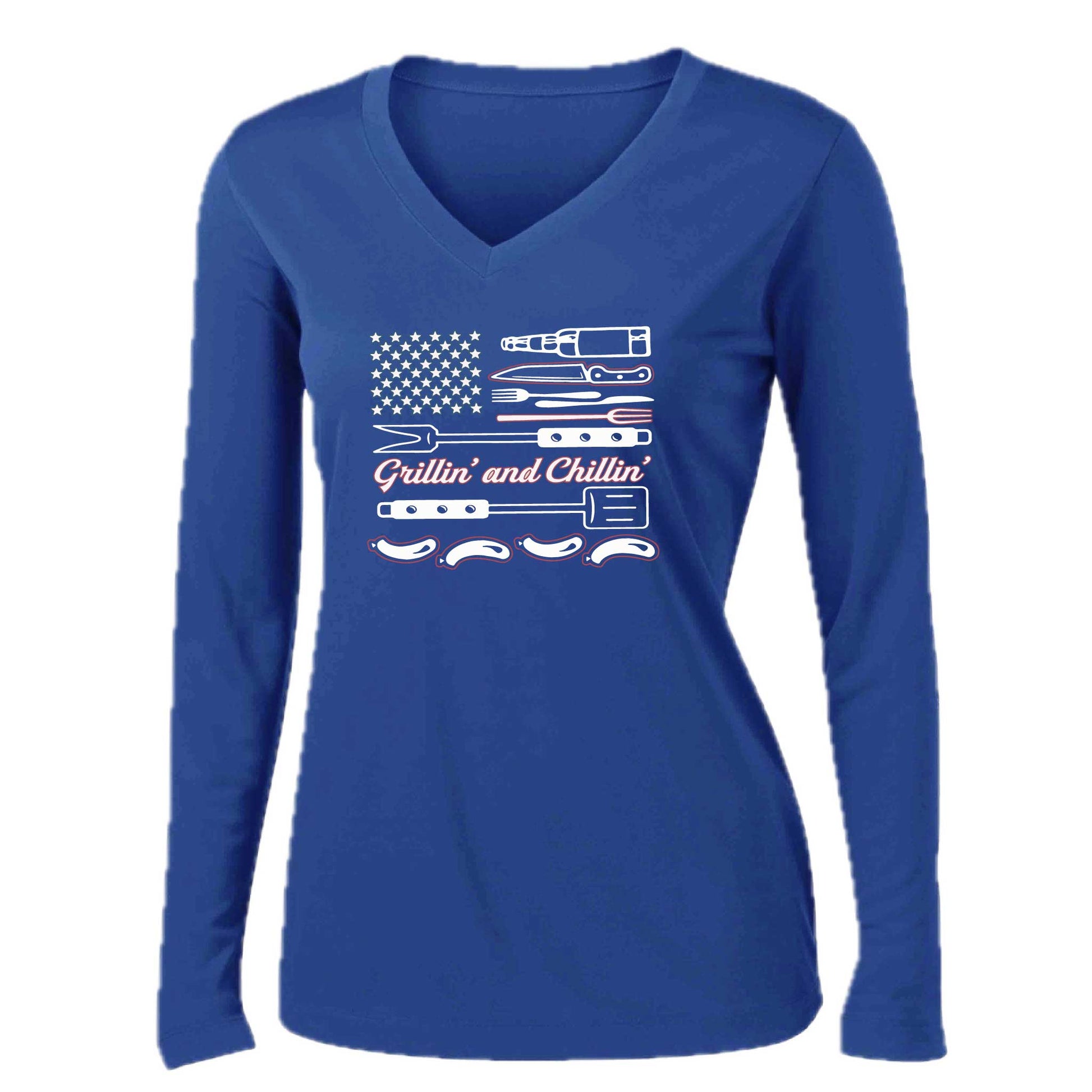 Grillin' and Chillin' | Women’s Long Sleeve V-Neck Camping T-Shirt | 100% Polyester