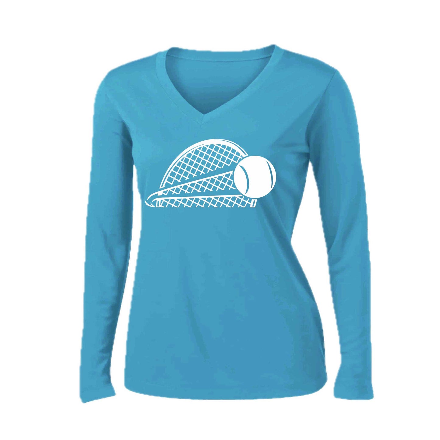 Tennis Half Racquet | Women’s Long Sleeve V-Neck Tennis Performance T-Shirt | 100% Polyester
