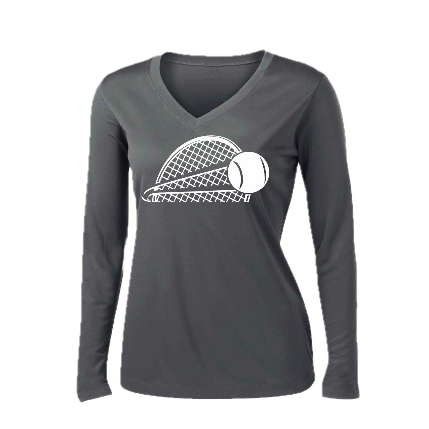 Tennis Half Racquet | Women’s Long Sleeve V-Neck Tennis Performance T-Shirt | 100% Polyester
