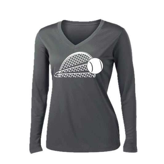 Tennis Half Racquet | Women’s Long Sleeve V-Neck Tennis Performance T-Shirt | 100% Polyester