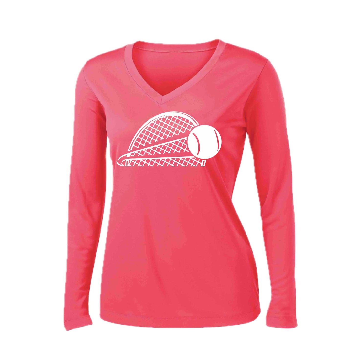 Tennis Half Racquet | Women’s Long Sleeve V-Neck Tennis Performance T-Shirt | 100% Polyester