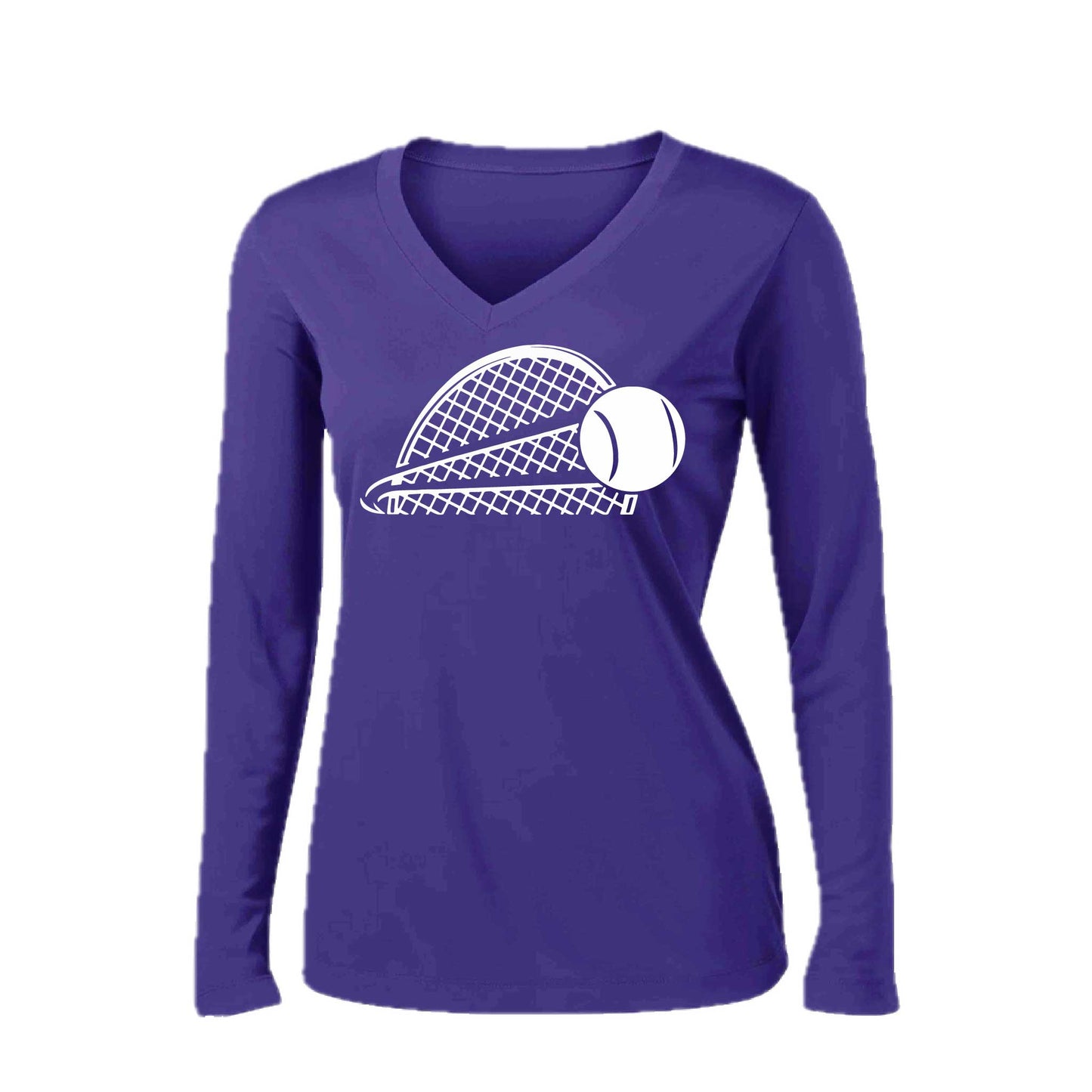 Tennis Half Racquet | Women’s Long Sleeve V-Neck Tennis Performance T-Shirt | 100% Polyester