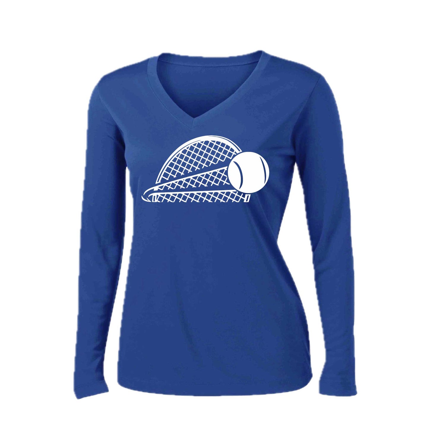 Tennis Half Racquet | Women’s Long Sleeve V-Neck Tennis Performance T-Shirt | 100% Polyester