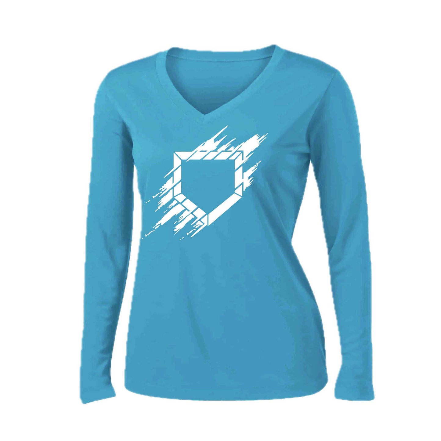 Home Plate | Women’s Long Sleeve V-Neck Baseball Performance T-Shirt | 100% Polyester
