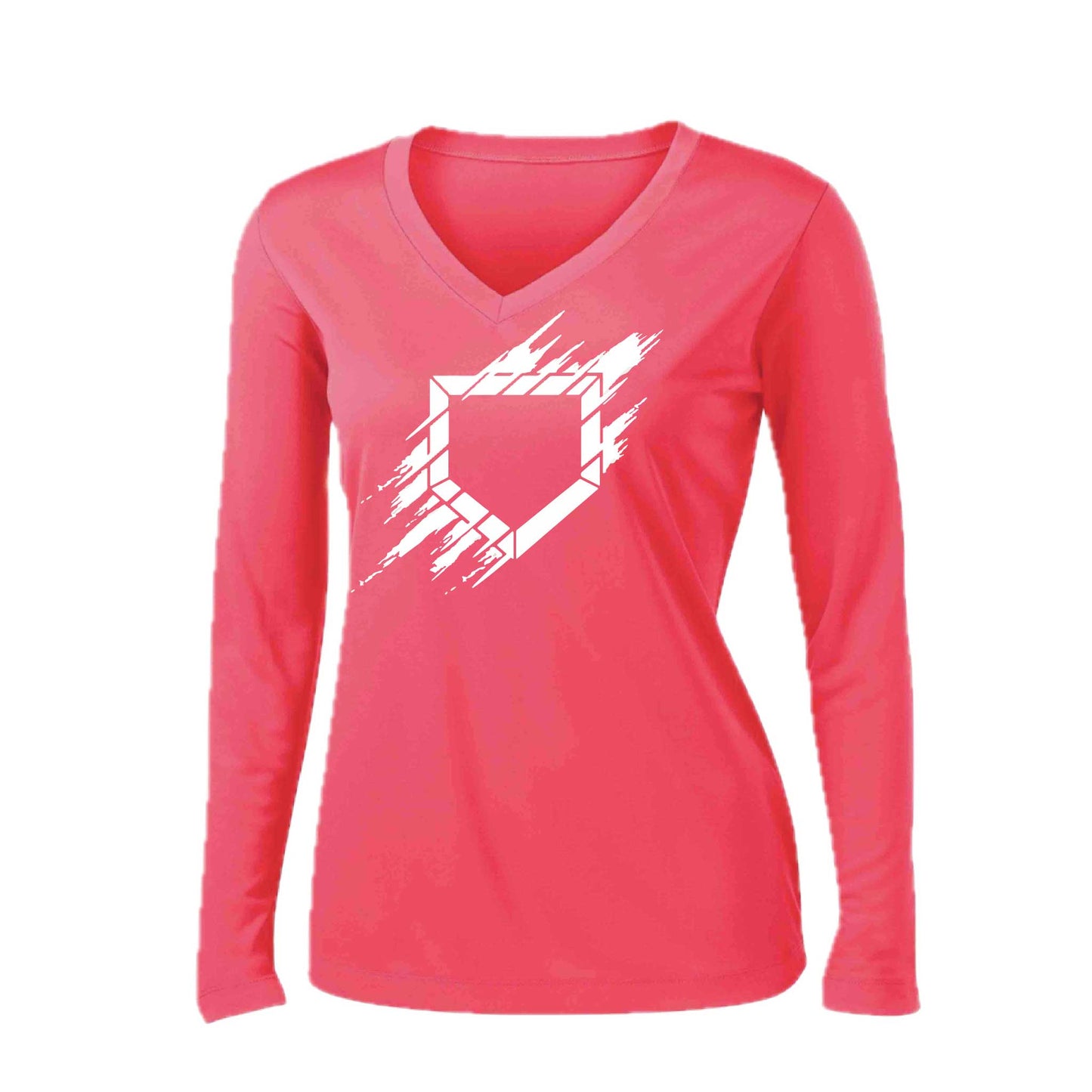 Home Plate | Women’s Long Sleeve V-Neck Baseball Performance T-Shirt | 100% Polyester