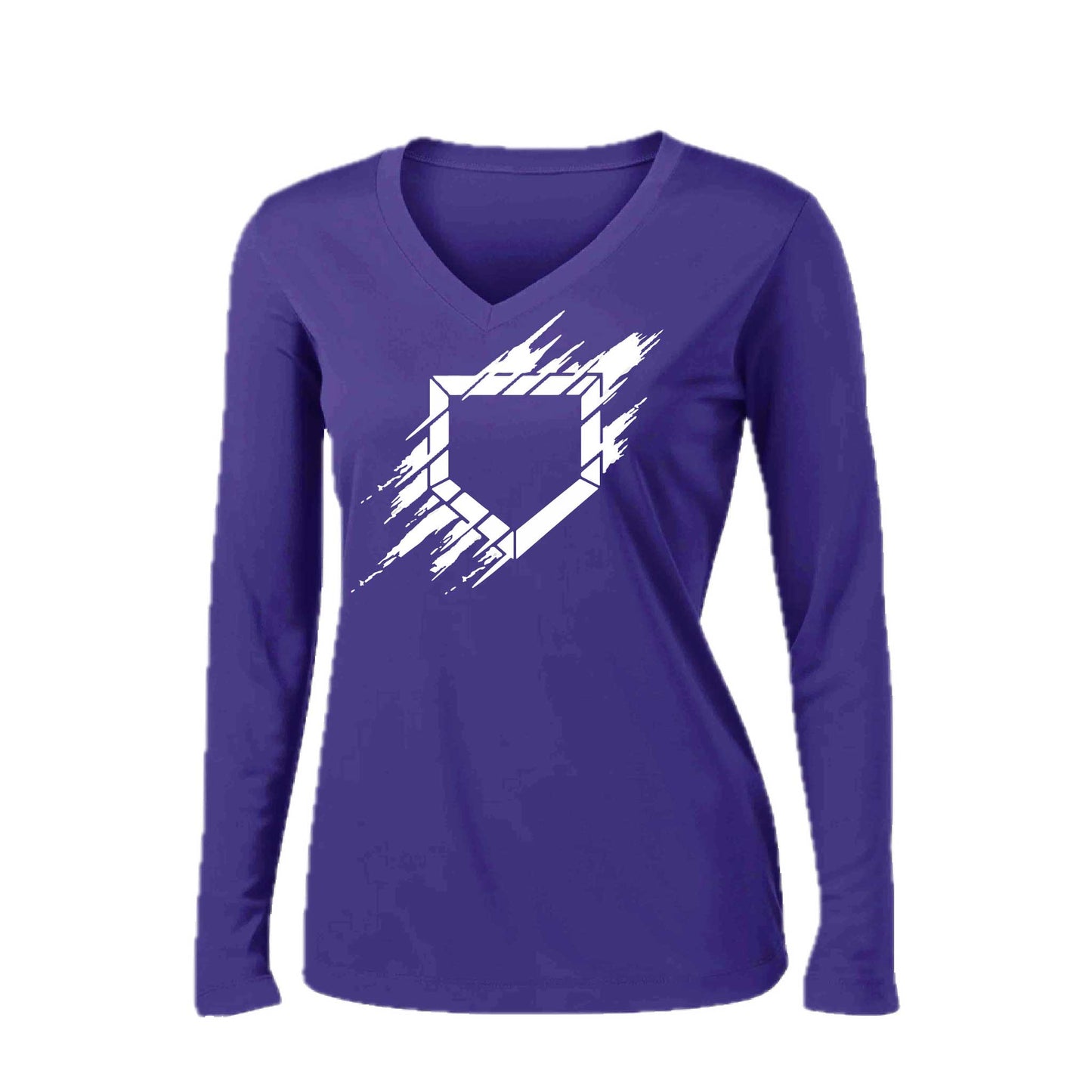 Home Plate | Women’s Long Sleeve V-Neck Baseball Performance T-Shirt | 100% Polyester