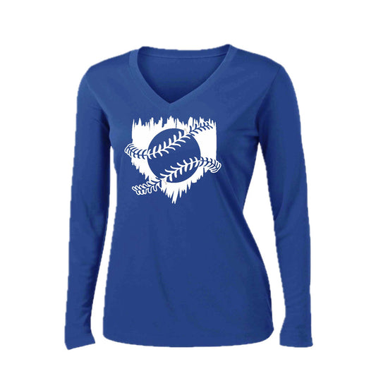 Home Run | Women’s Long Sleeve V-Neck Baseball Performance T-Shirt | 100% Polyester