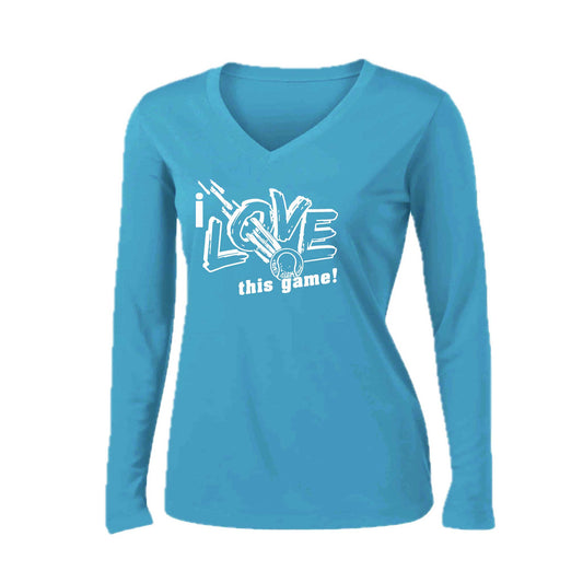 I Love This Game | Women’s Long Sleeve V-Neck Tennis Performance T-Shirt | 100% Polyester