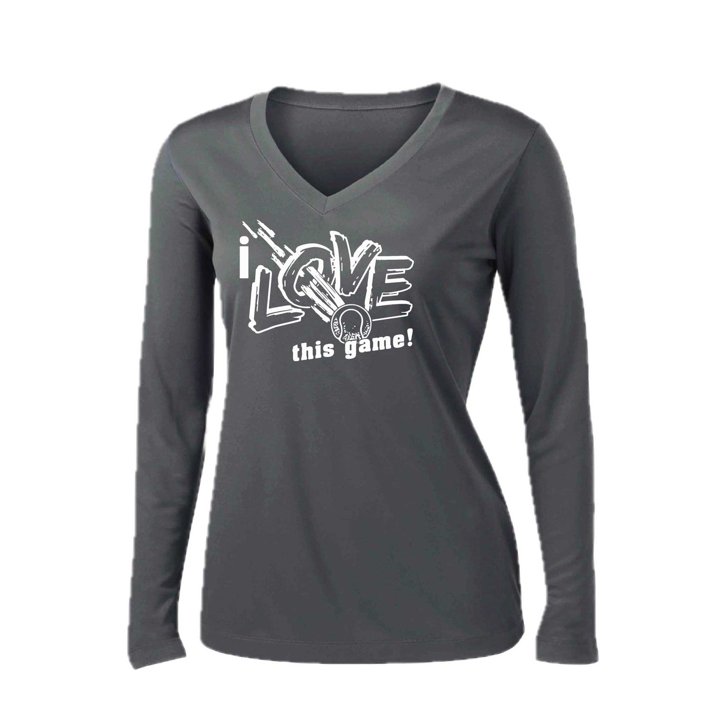 I Love This Game | Women’s Long Sleeve V-Neck Tennis Performance T-Shirt | 100% Polyester