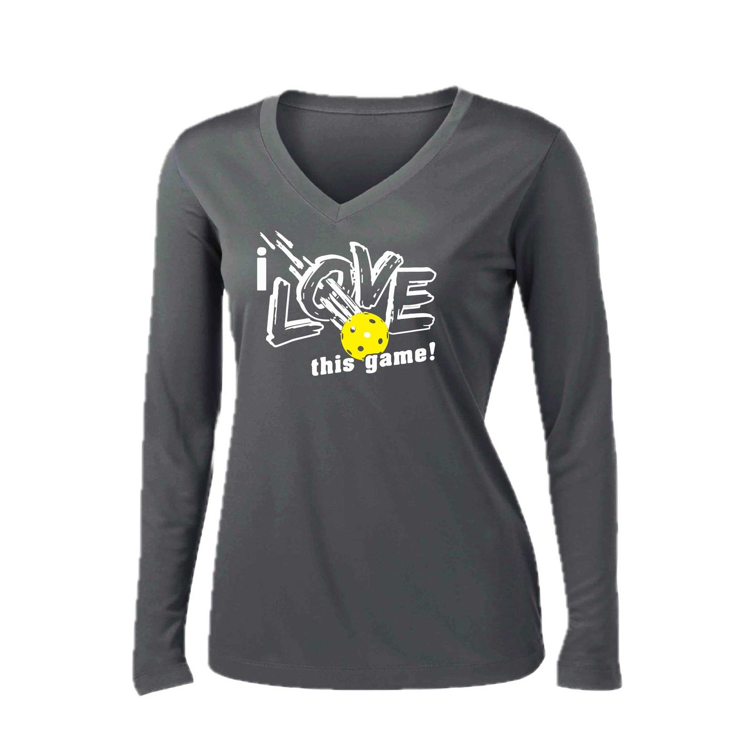 I Love This Game | Women’s Long Sleeve V-Neck Pickleball Performance T-Shirt | 100% Polyester