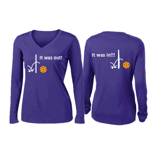 It Was Out! It Was In! (Pickleballs Cyan Green Orange) | Women’s Long Sleeve V-Neck Pickleball Performance T-Shirt | 100% Polyester