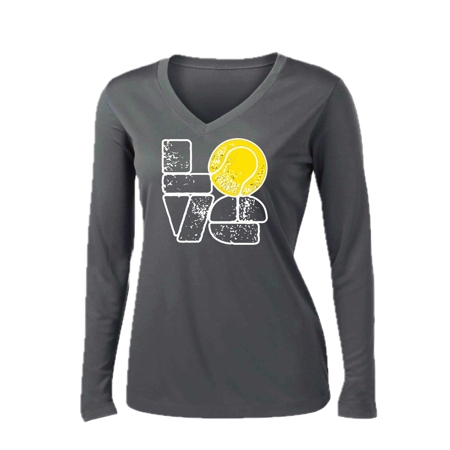 Love Stacked | Women’s Long Sleeve V-Neck Tennis Performance T-Shirt | 100% Polyester