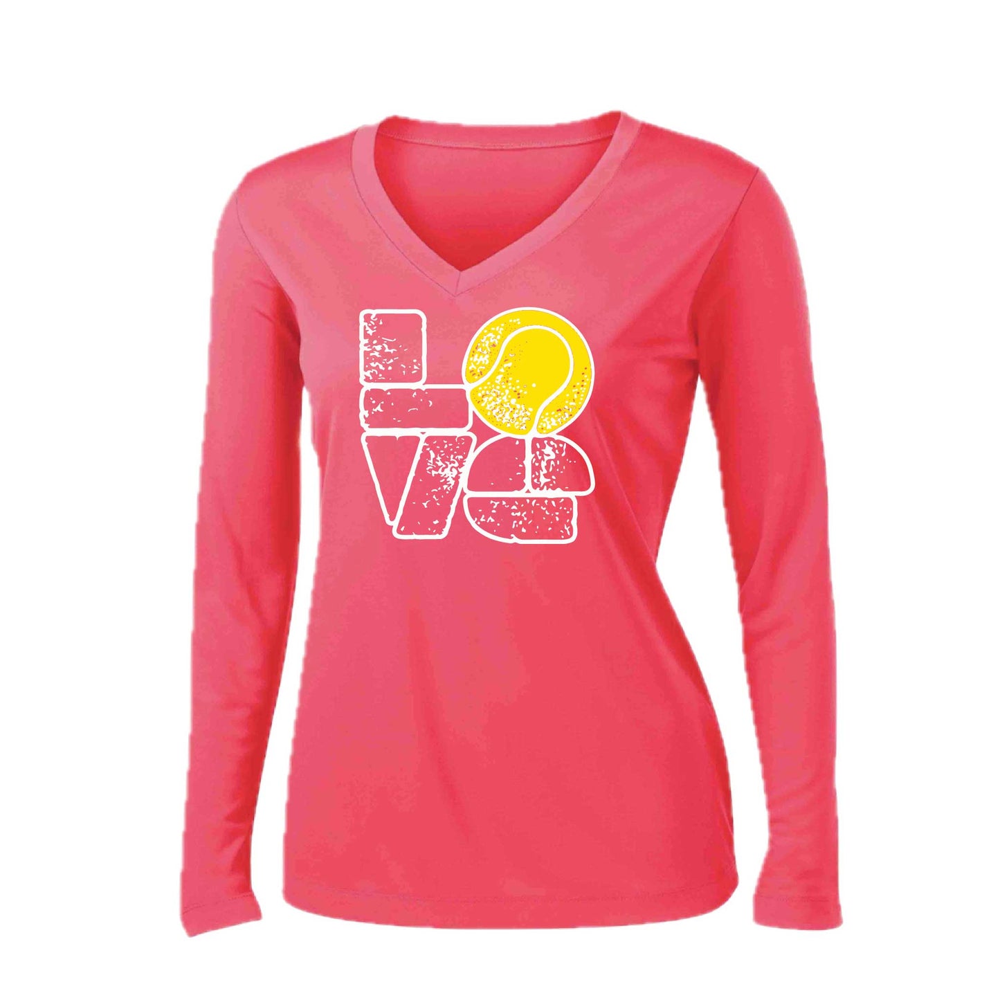 Love Stacked | Women’s Long Sleeve V-Neck Tennis Performance T-Shirt | 100% Polyester