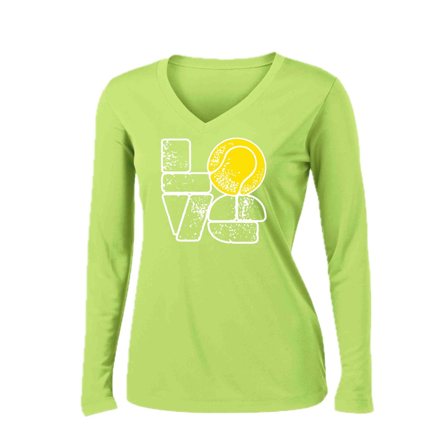 Love Stacked | Women’s Long Sleeve V-Neck Tennis Performance T-Shirt | 100% Polyester