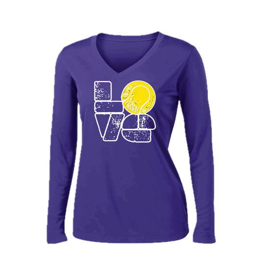 Love Stacked | Women’s Long Sleeve V-Neck Tennis Performance T-Shirt | 100% Polyester