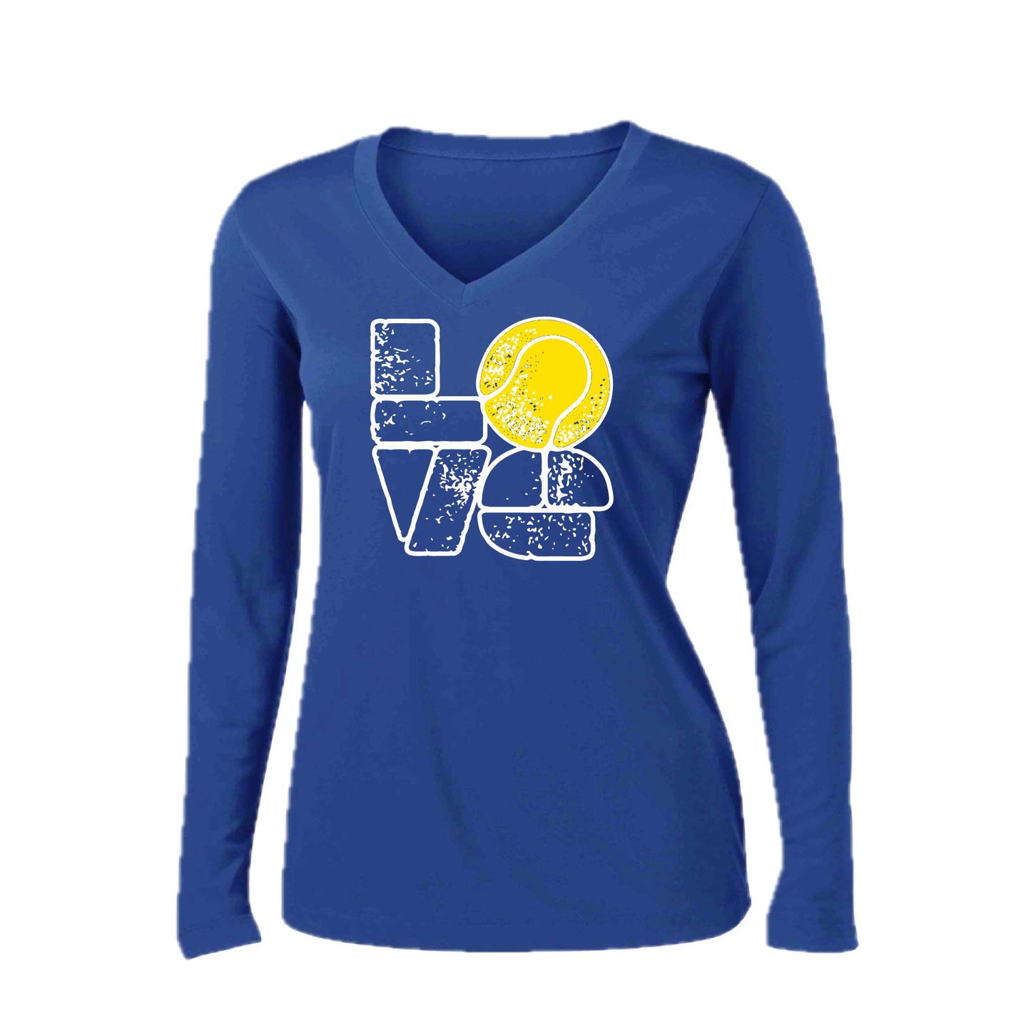 Love Stacked | Women’s Long Sleeve V-Neck Tennis Performance T-Shirt | 100% Polyester
