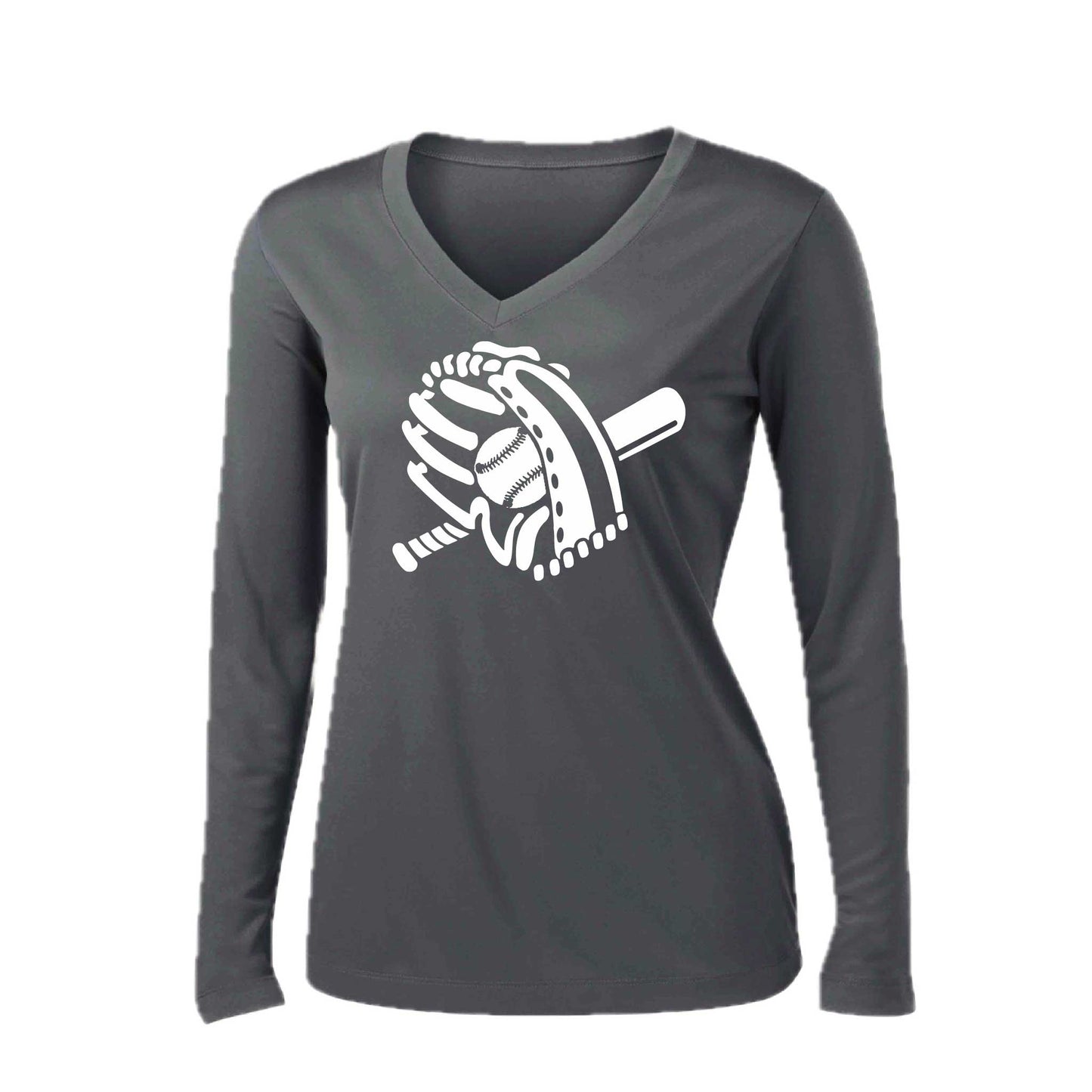 Baseball Mitt | Women’s Long Sleeve V-Neck Baseball Performance T-Shirt | 100% Polyester