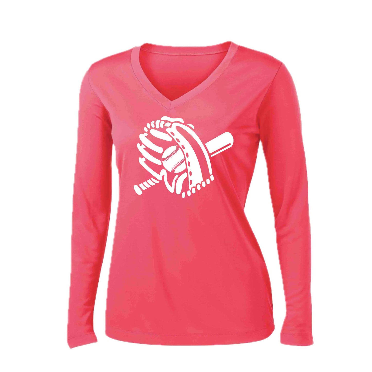 Baseball Mitt | Women’s Long Sleeve V-Neck Baseball Performance T-Shirt | 100% Polyester
