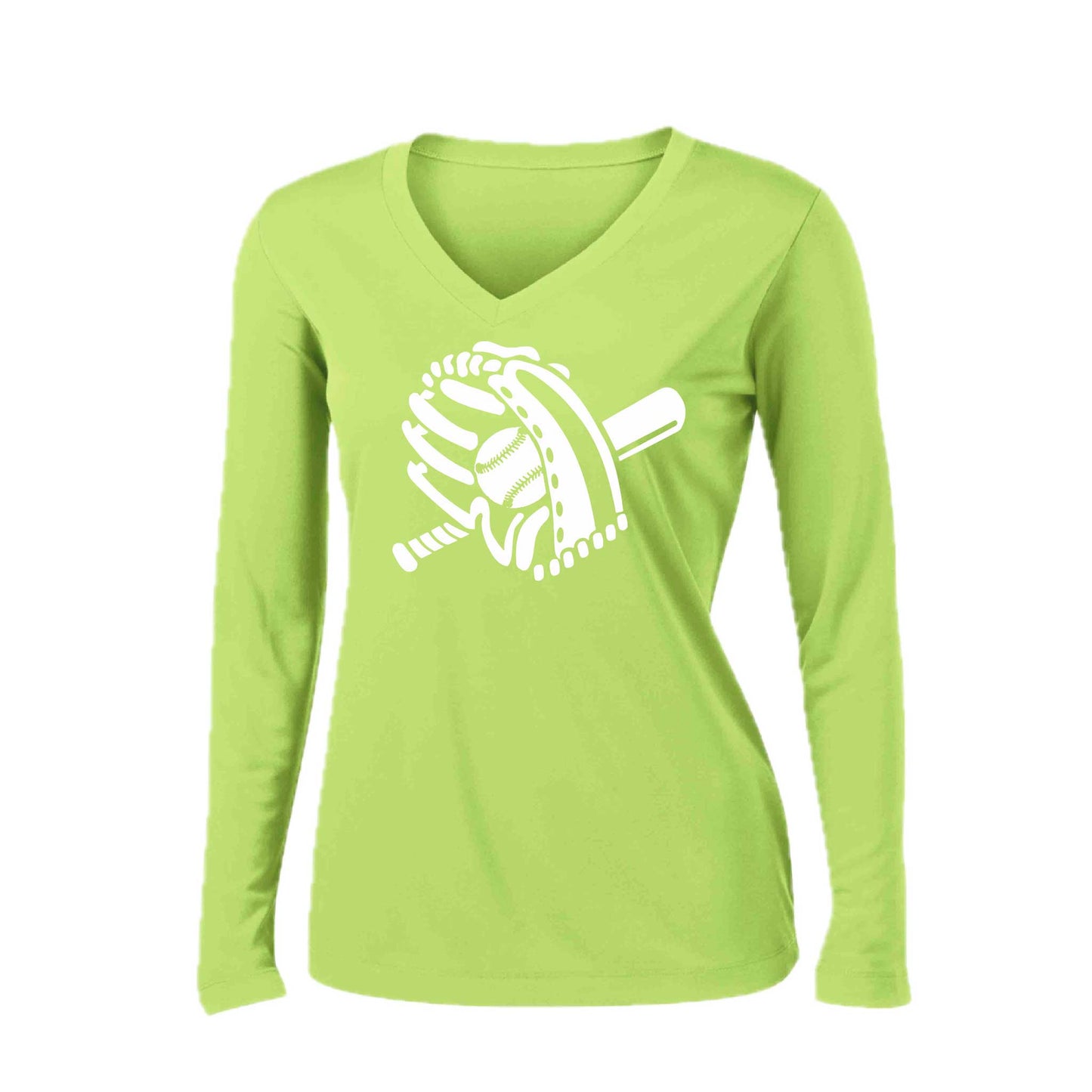 Baseball Mitt | Women’s Long Sleeve V-Neck Baseball Performance T-Shirt | 100% Polyester