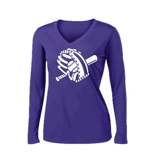 Baseball Mitt | Women’s Long Sleeve V-Neck Baseball Performance T-Shirt | 100% Polyester