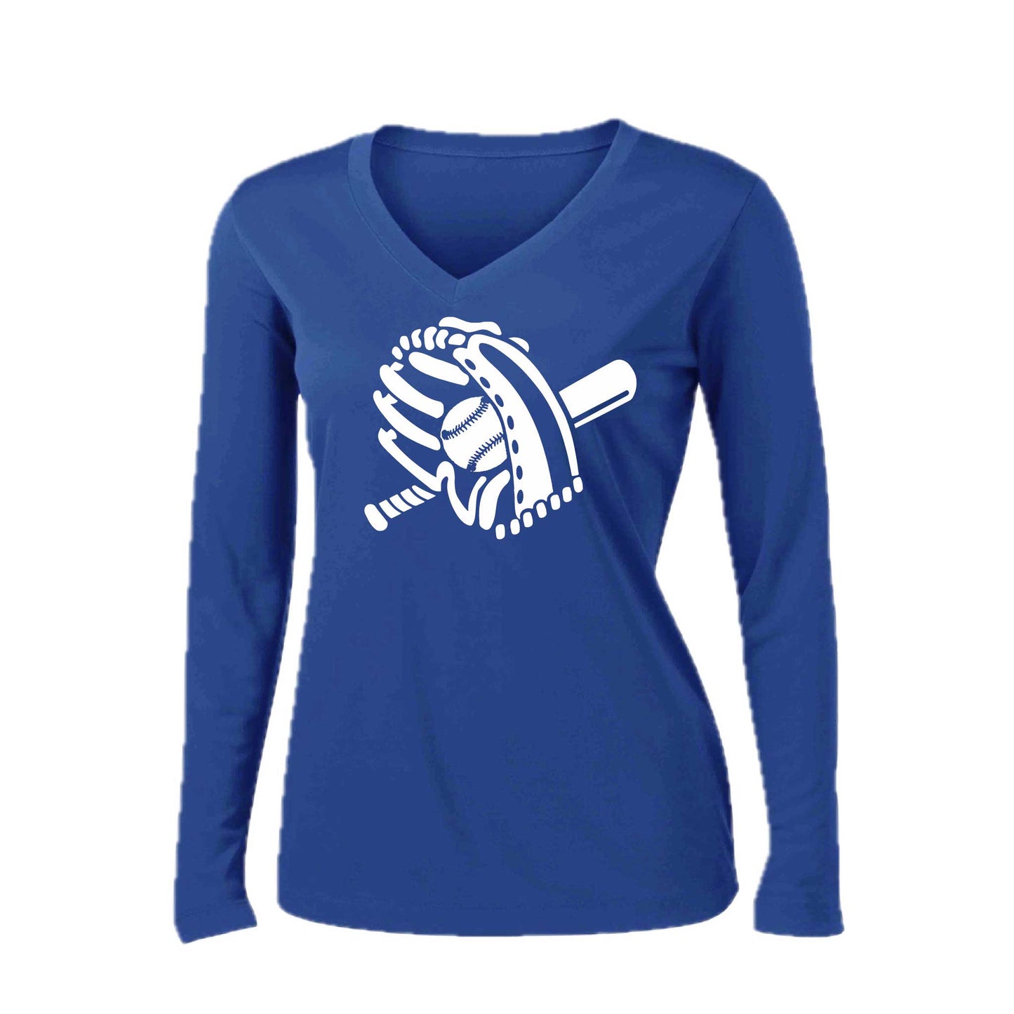 Baseball Mitt | Women’s Long Sleeve V-Neck Baseball Performance T-Shirt | 100% Polyester