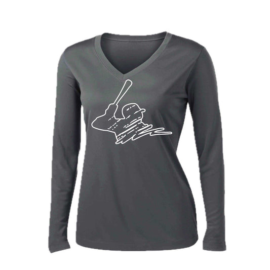 Baseball Player | Women’s Long Sleeve V-Neck Baseball Performance T-Shirt | 100% Polyester