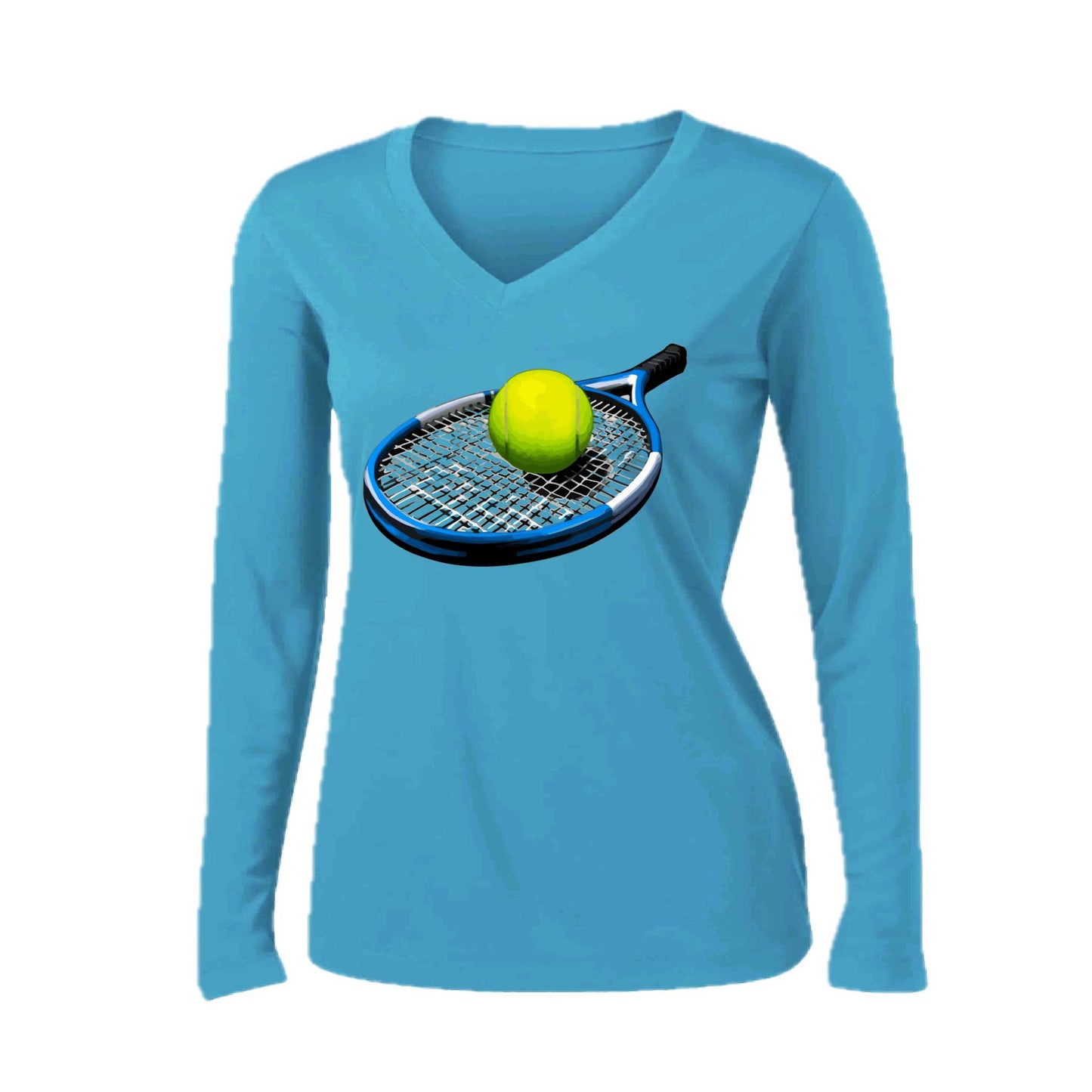 Tennis Racquet and Ball | Women’s Long Sleeve V-Neck Tennis Performance T-Shirt | 100% Polyester