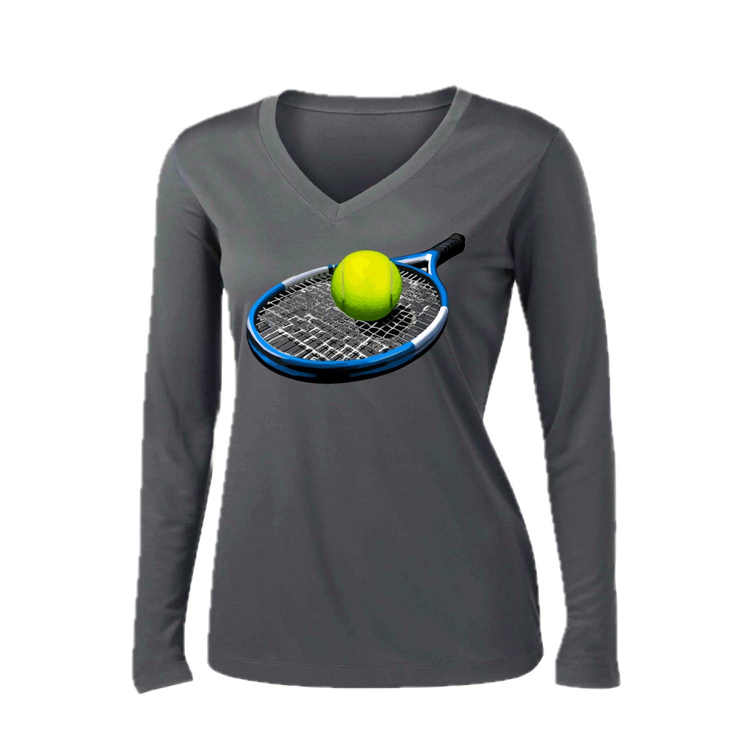 Tennis Racquet and Ball | Women’s Long Sleeve V-Neck Tennis Performance T-Shirt | 100% Polyester